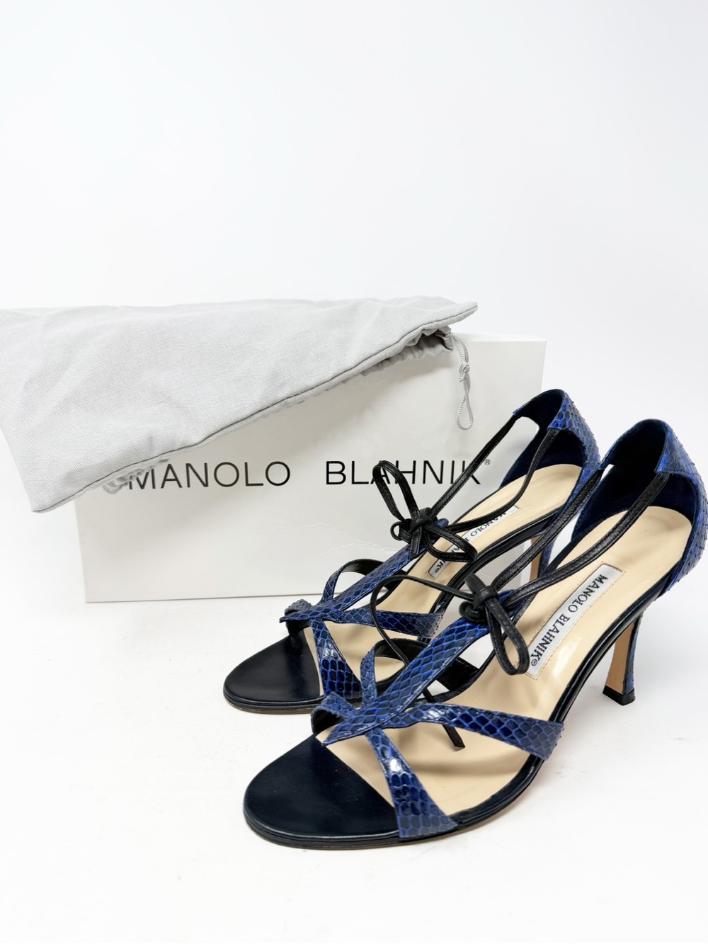 Manolo Blahnik Blue Python Strappy Tie Sandal Heels Womens Size EU 37.5 - Picture 2 of 11